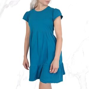Time and Tru Short Sleeve Tiered Dress Pockets S A-Line Mini-Length Blue/Teal